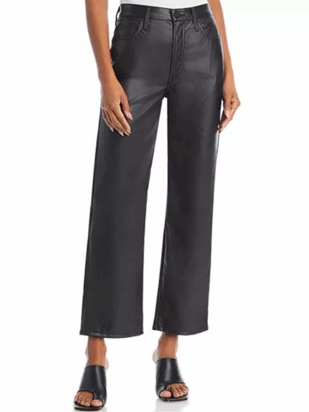 MOTHER The Rambler Zip Ankle Wax On Wax Off Black Faux Leather Pants Size 30